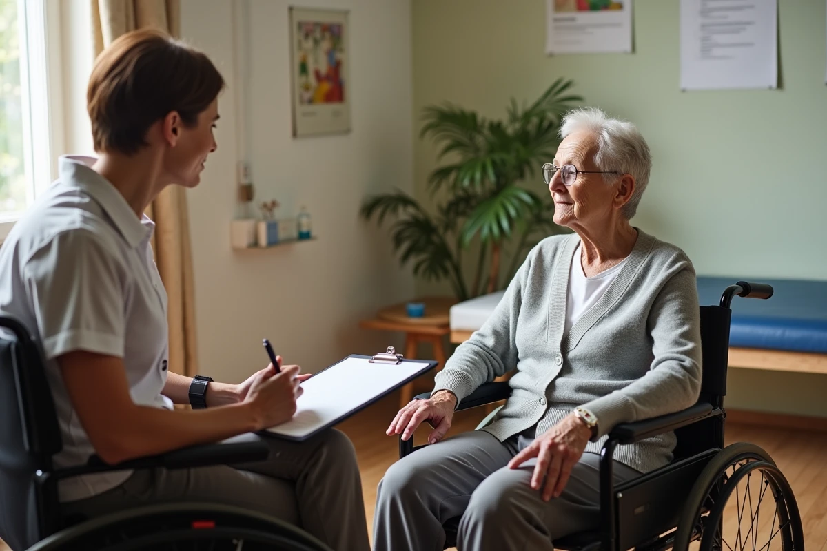 Femme en rééducation écoute un patient en fauteuil