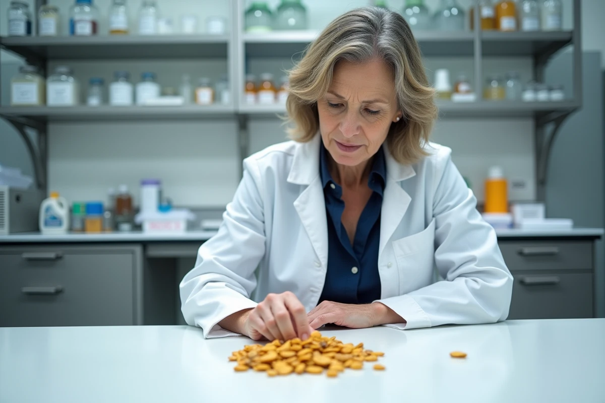 Toxicologue examinant des graines de potimarron dans un laboratoire moderne pour évaluer leur toxicité