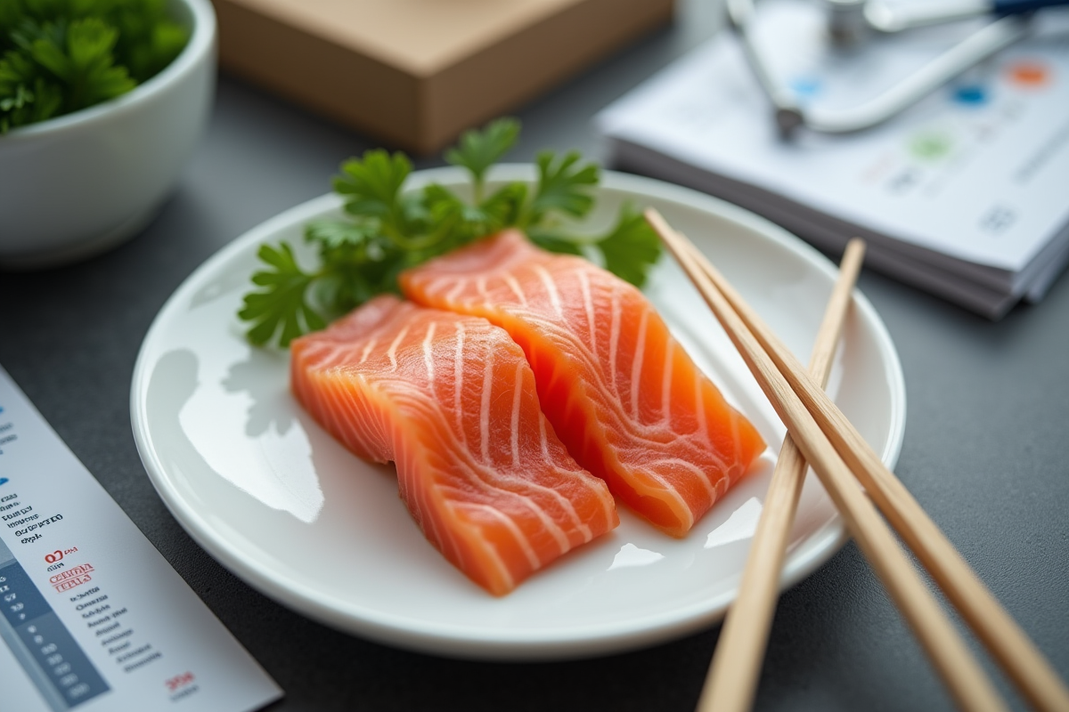 Tranches de saumon sur une assiette avec baguettes