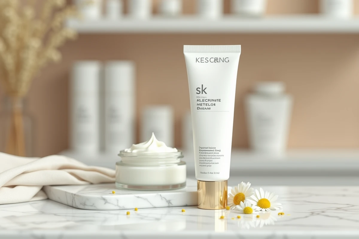 Tube de crème Ialuset posé sur marbre blanc dans un contexte de soin dermatologique professionnel