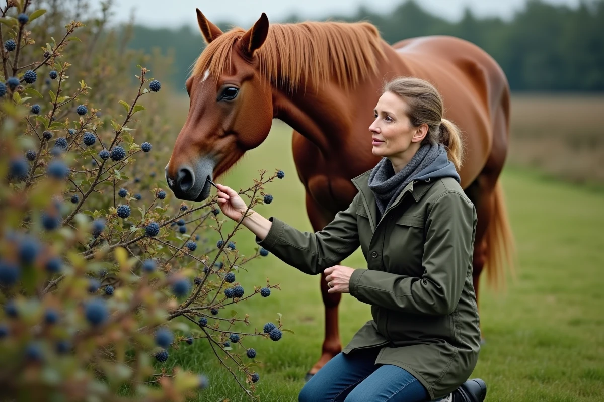 Vétérinaire examinant un cheval dans un pré verdoyant