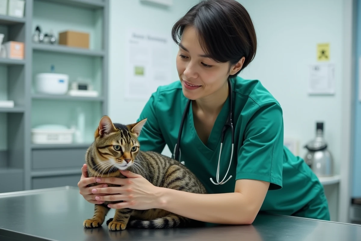 Vétérinaire examinant un chat dans une clinique vétérinaire, illustration d'une assurance santé animale