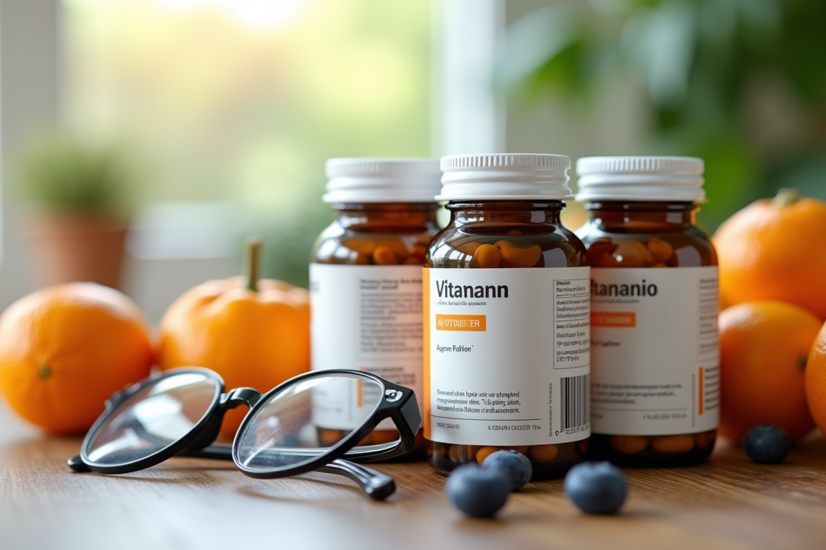 Vitamines fruits et lunettes sur une table en bois